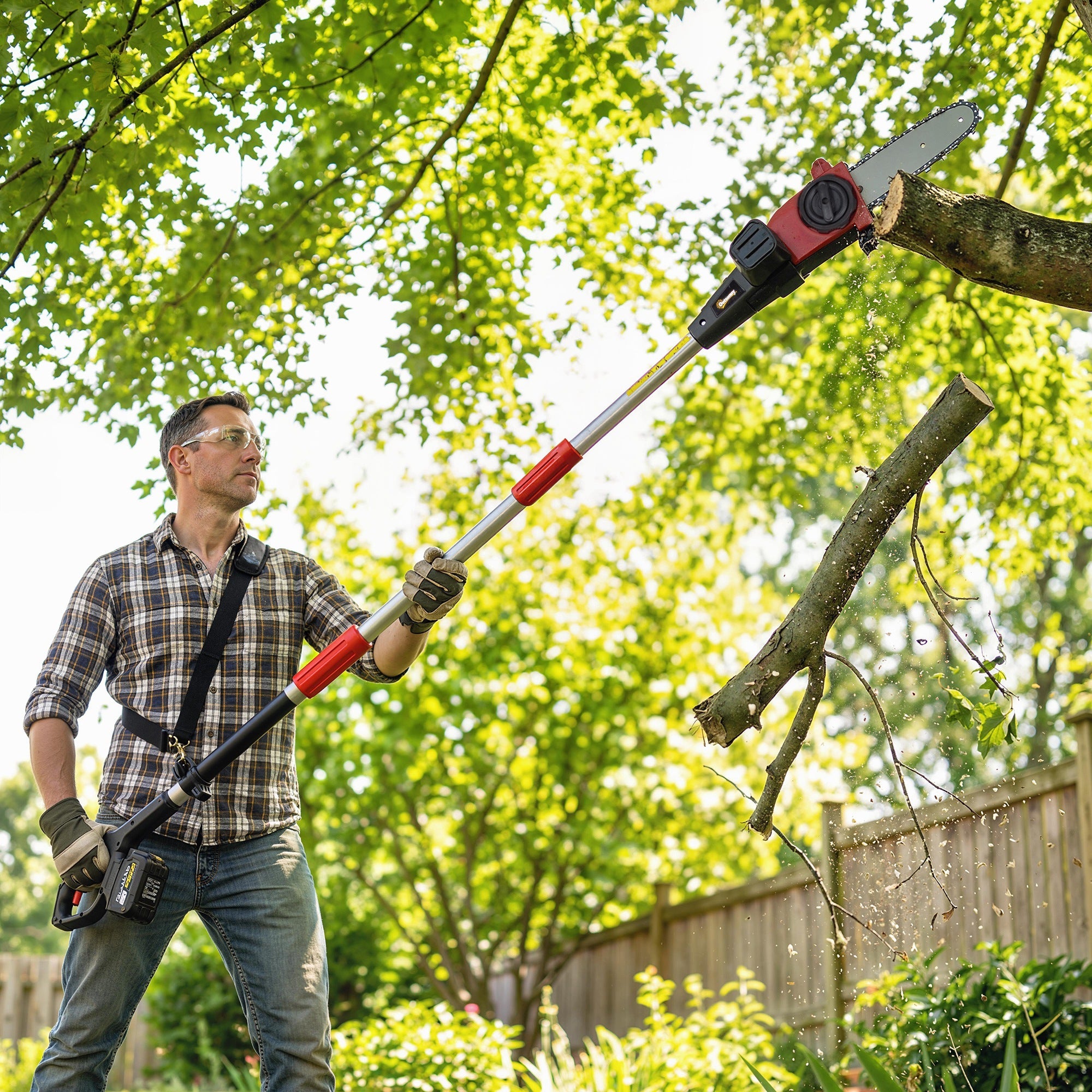 Red and black outsunny 18v cordless pole chainsaw with silver blade and shoulder strap for easy carrying