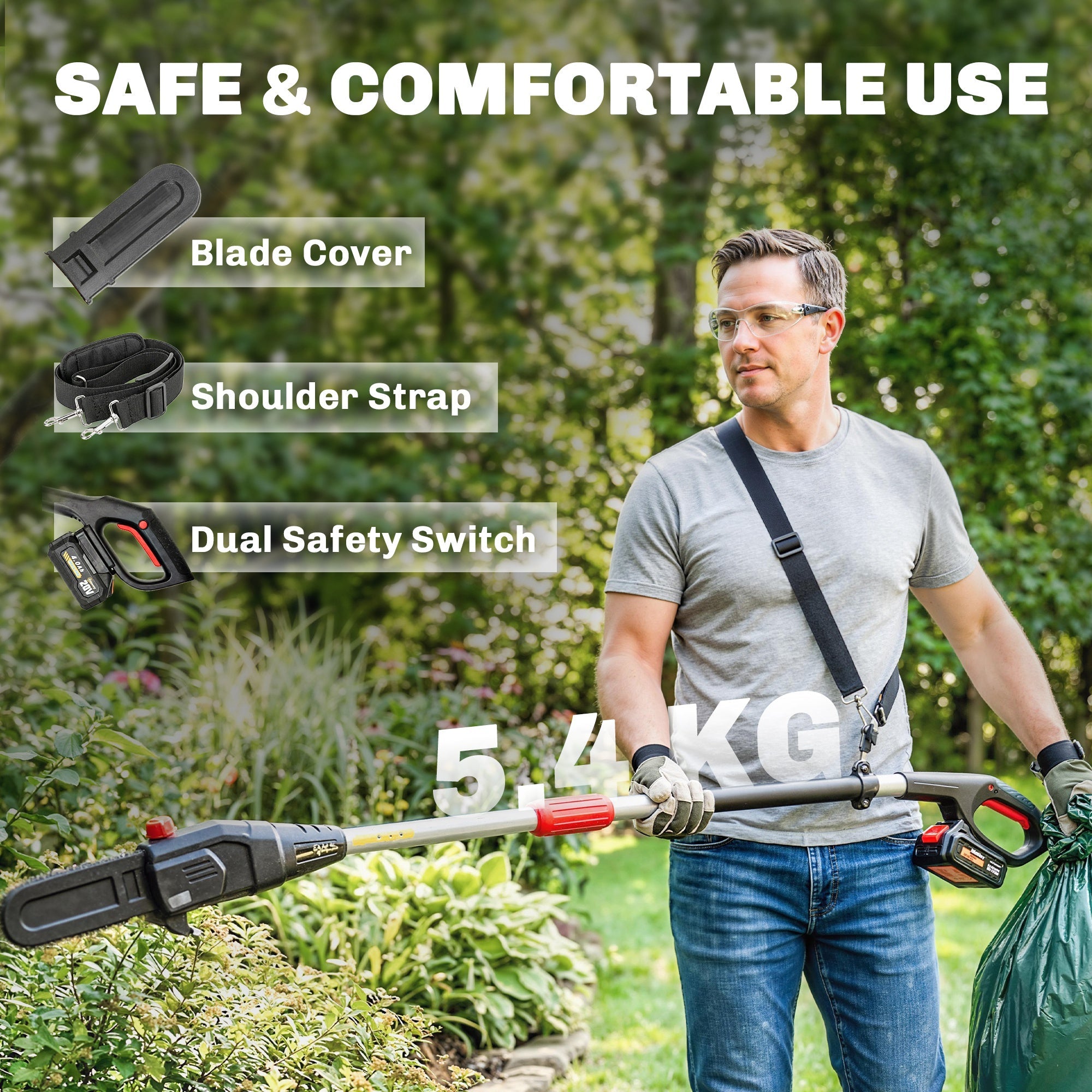 Black and red cordless hedge trimmer with ergonomic grip and shoulder strap for easy use included