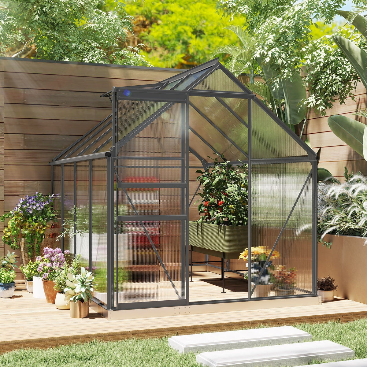 Outsunny dark grey polycarbonate greenhouse with aluminium frame means durability and potted plants on shelves inside
