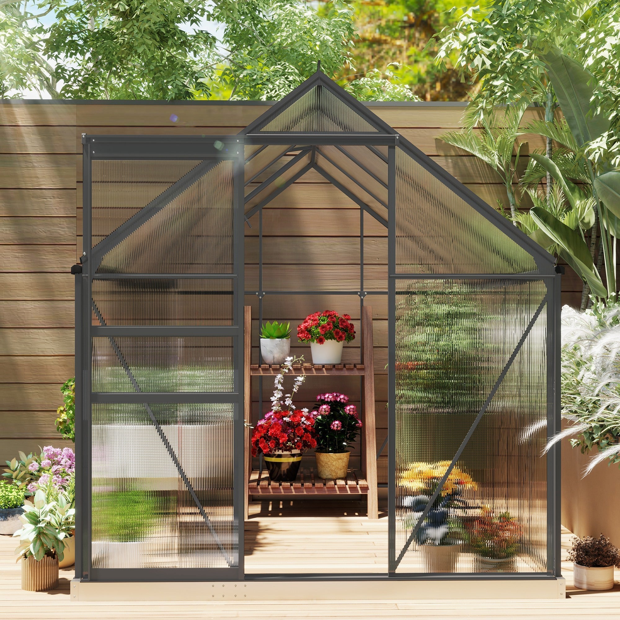 Outsunny dark grey polycarbonate greenhouse with aluminium frame means durability and a sleek 190 x 253 cm walk-in design