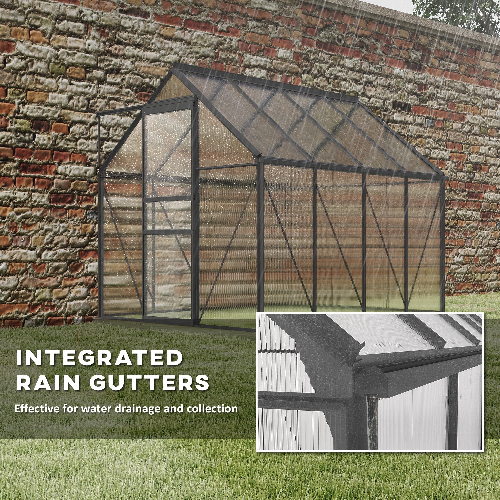 Black-framed polycarbonate greenhouse with aluminium frame means sturdy build and integrated rain gutters dark grey color