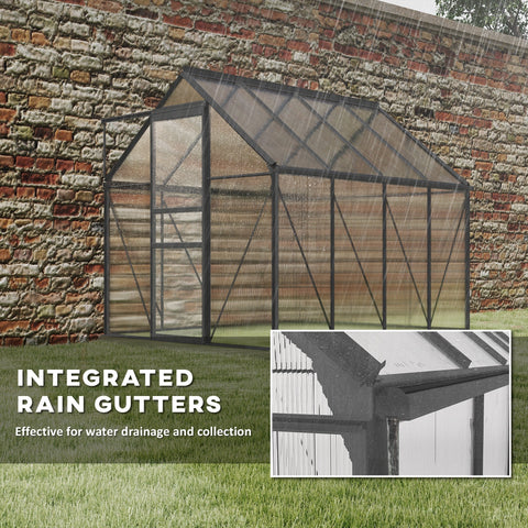 Black-framed polycarbonate greenhouse with aluminium frame means sturdy build and integrated rain gutters dark grey color