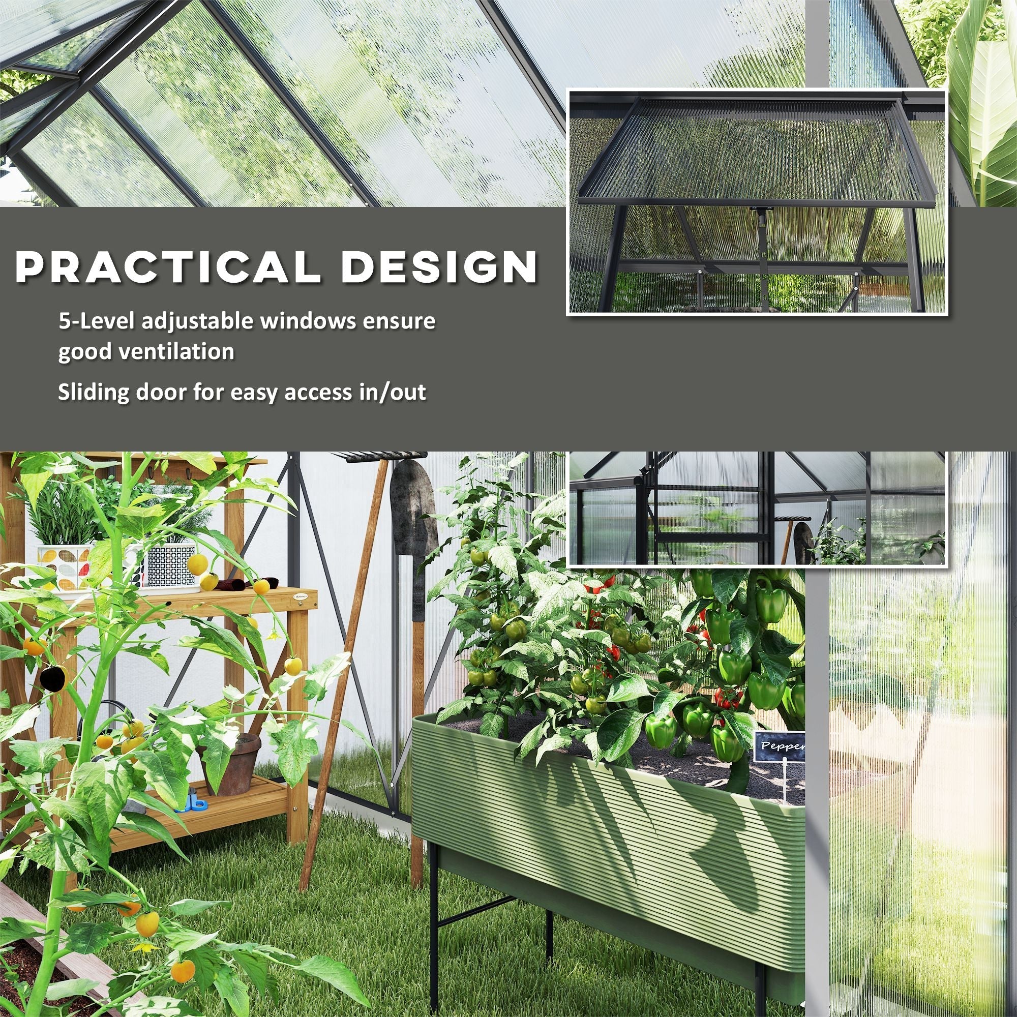 Green ribbed polycarbonate greenhouse with black aluminium frame and sliding door for easy walk-in access