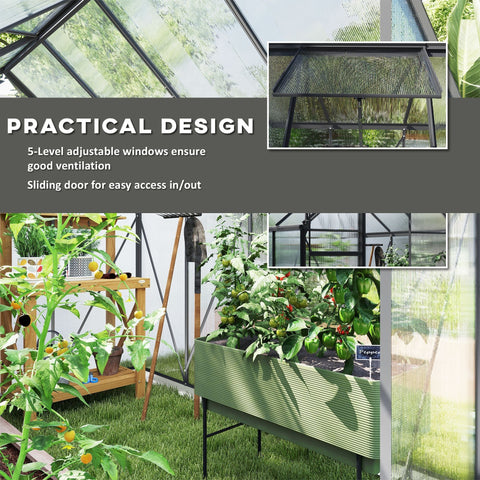 Green ribbed polycarbonate greenhouse with black aluminium frame and sliding door for easy walk-in access