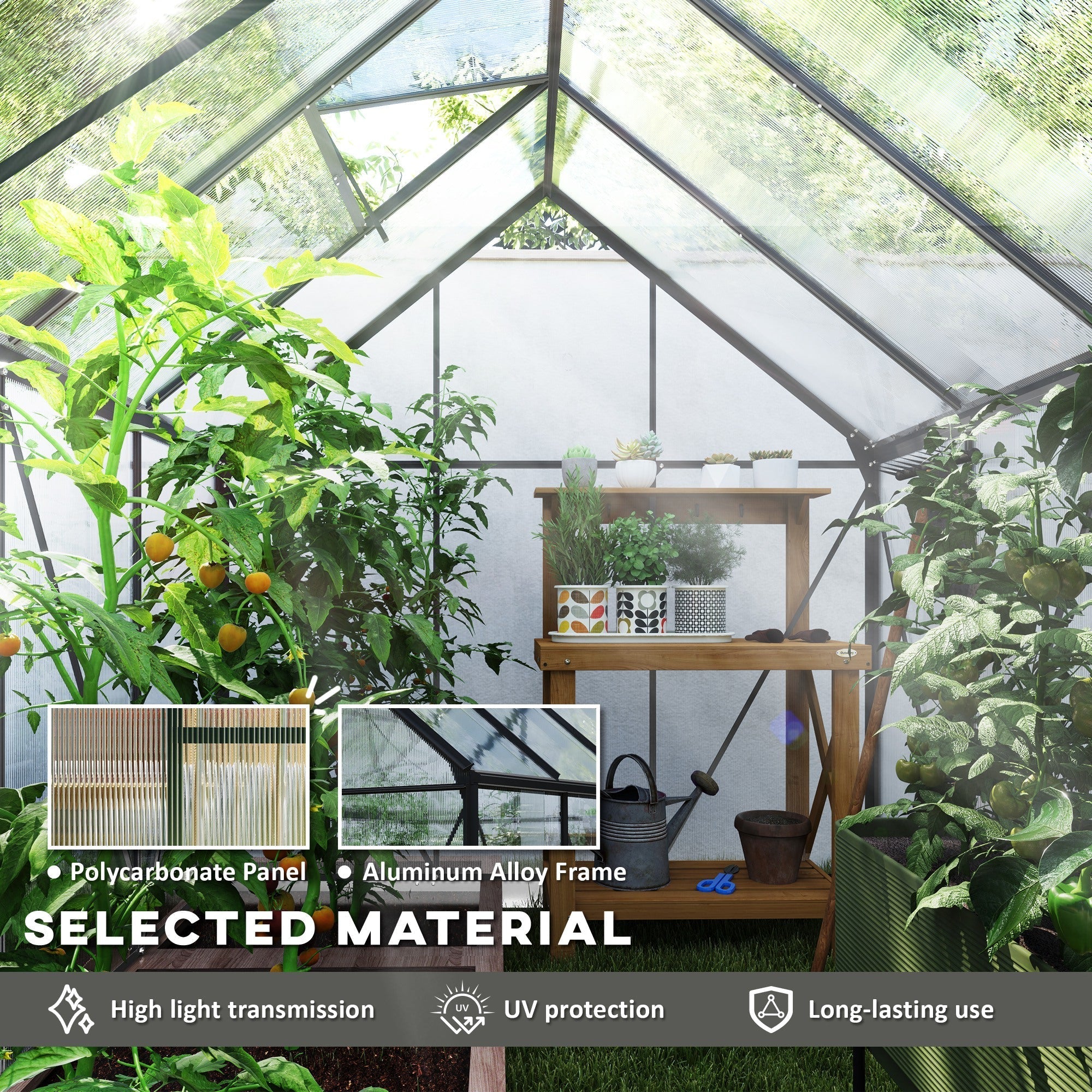 Outsunny 190 x 253 cm walk-in polycarbonate greenhouse with dark grey aluminium frame means lush plant growth inside