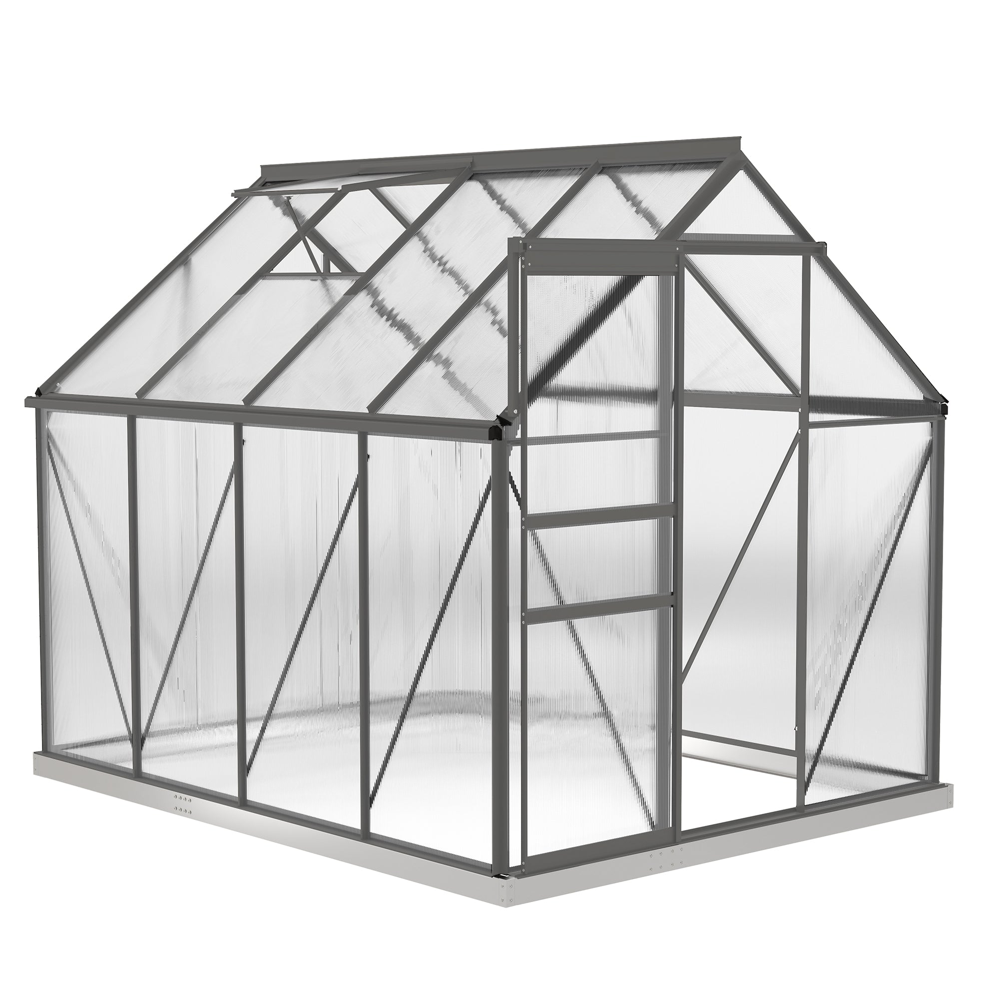 Gray metal-framed polycarbonate greenhouse with aluminium frame means and ladder on side for easy access