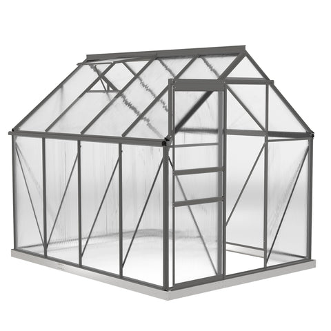Gray metal-framed polycarbonate greenhouse with aluminium frame means and ladder on side for easy access