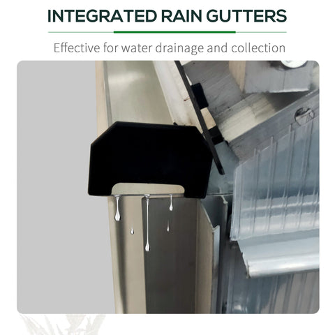 Black plastic rain gutter diverter with integrated drainage system on outsunny silver-tone polycarbonate greenhouse with aluminium frame means