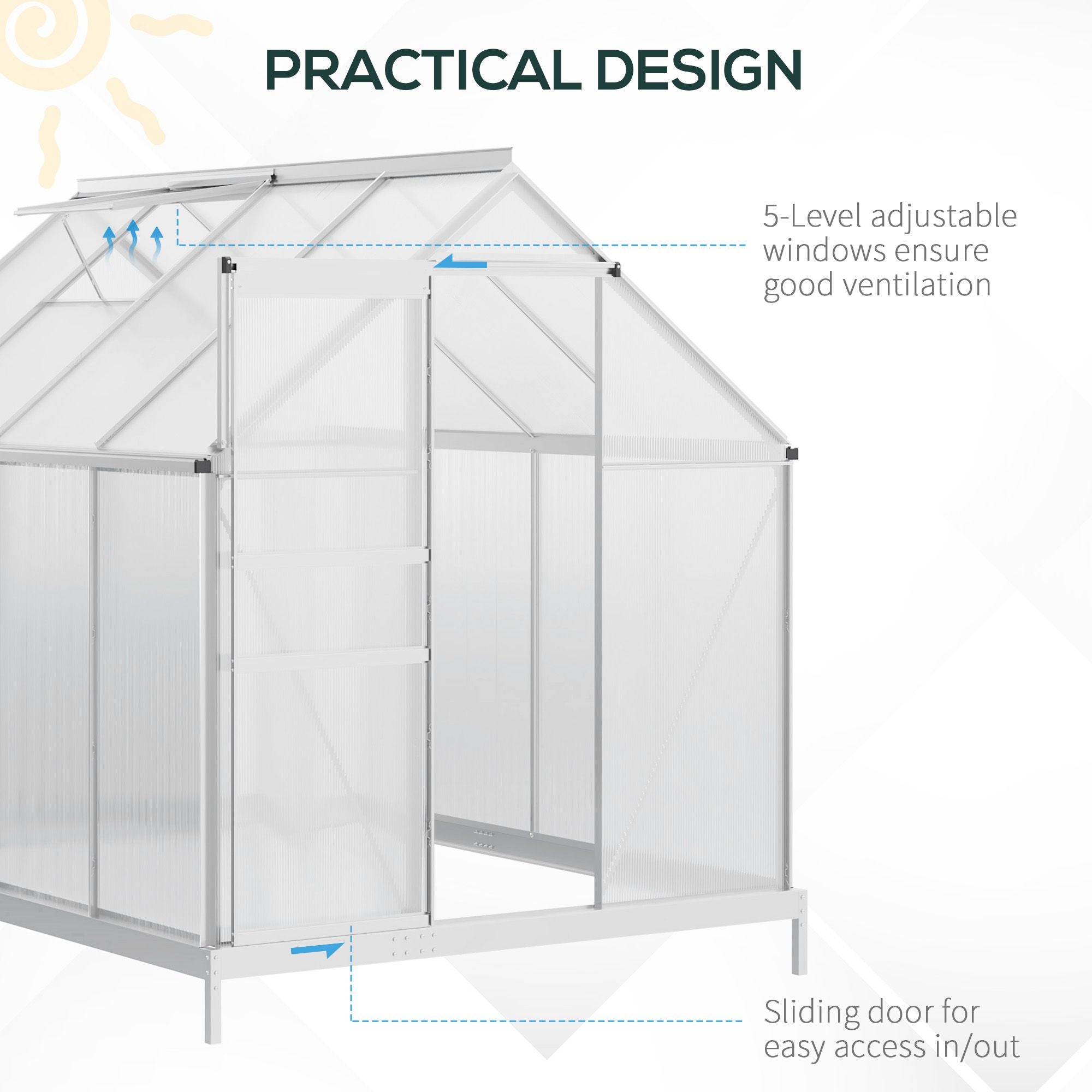 Outsunny silver-tone walk-in polycarbonate greenhouse with white aluminium frame and adjustable windows
