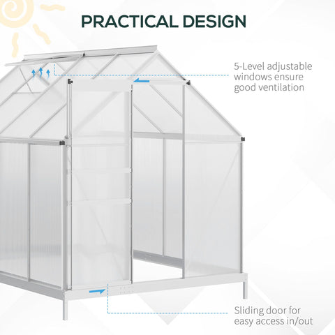 Outsunny silver-tone walk-in polycarbonate greenhouse with white aluminium frame and adjustable windows