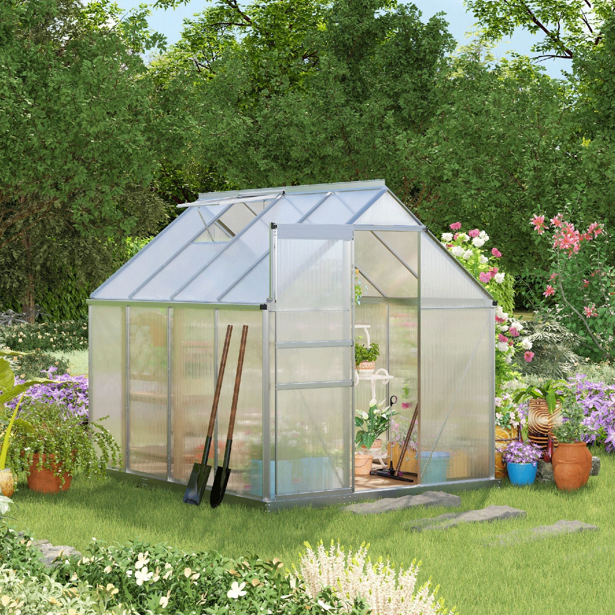 Outsunny silver tone polycarbonate greenhouse with aluminium frame means sturdy walk in design surrounded by greenery and plants