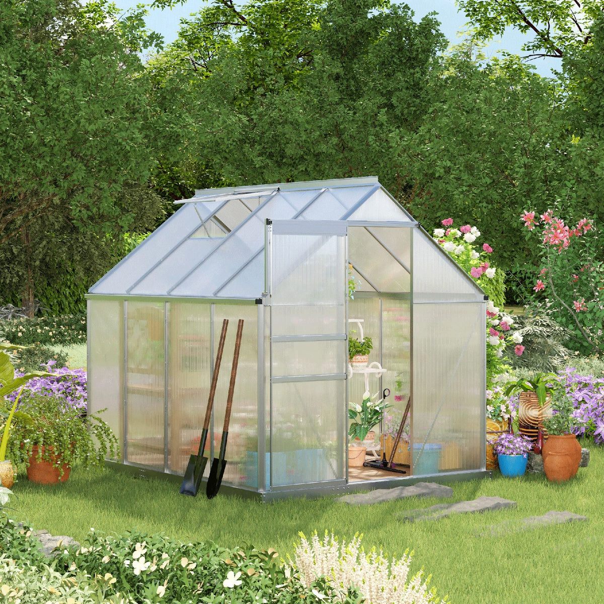 Outsunny silver tone polycarbonate greenhouse with aluminium frame means sturdy walk in design surrounded by greenery and plants