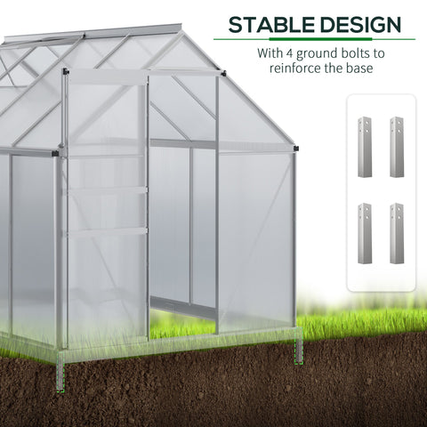 Outsunny walk-in polycarbonate greenhouse with a silver aluminium frame and reinforced base for sturdy use