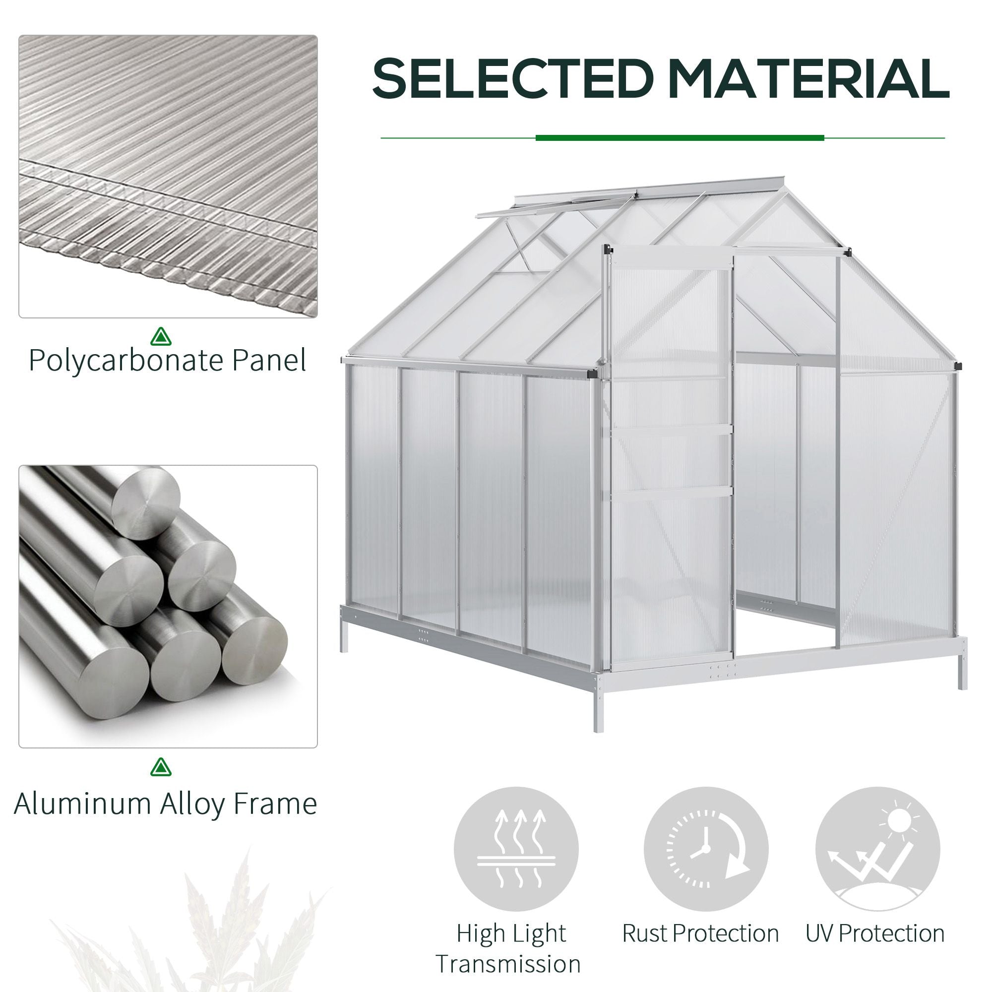 Outsunny walk-in polycarbonate greenhouse with silver aluminium frame and transparent panels for easy gardening