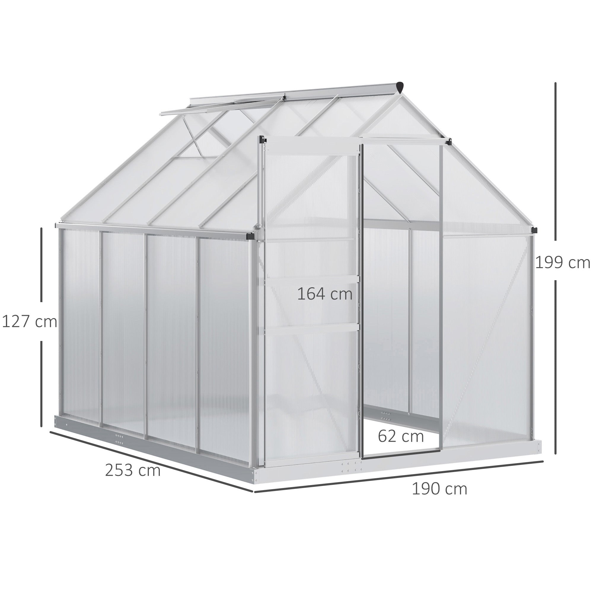 Outsunny 190 x 253 cm walk-in polycarbonate greenhouse with silver-tone aluminium frame and slanted roof panels