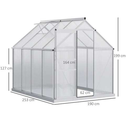 Outsunny 190 x 253 cm walk-in polycarbonate greenhouse with silver-tone aluminium frame and slanted roof panels