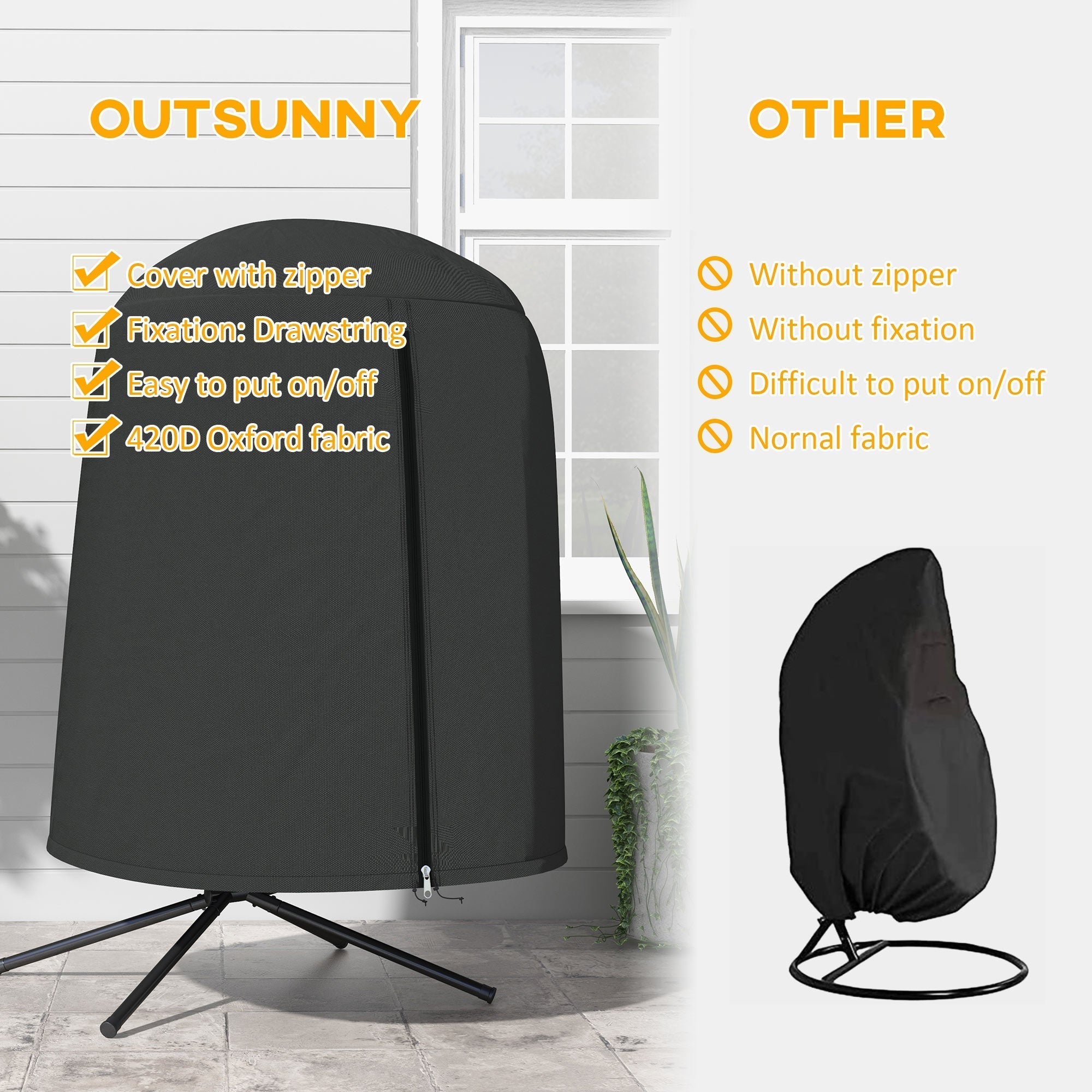 Black outsunny hanging egg chair cover made of durable 420d oxford fabric with zipper and drawstring fixation