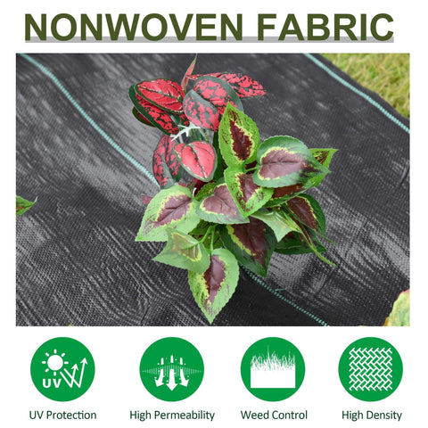 Black heavy duty weed control membrane fabric with green and red leaf pattern for garden and landscaping use