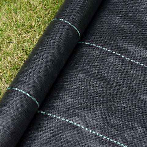 Black woven heavy duty weed barrier fabric with light green stitched lines for garden weed control outdoors