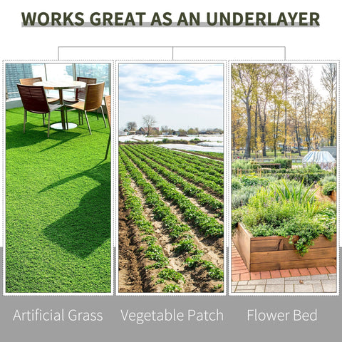 Green artificial grass showing heavy duty weed control membrane for outdoor gardening and landscaping use
