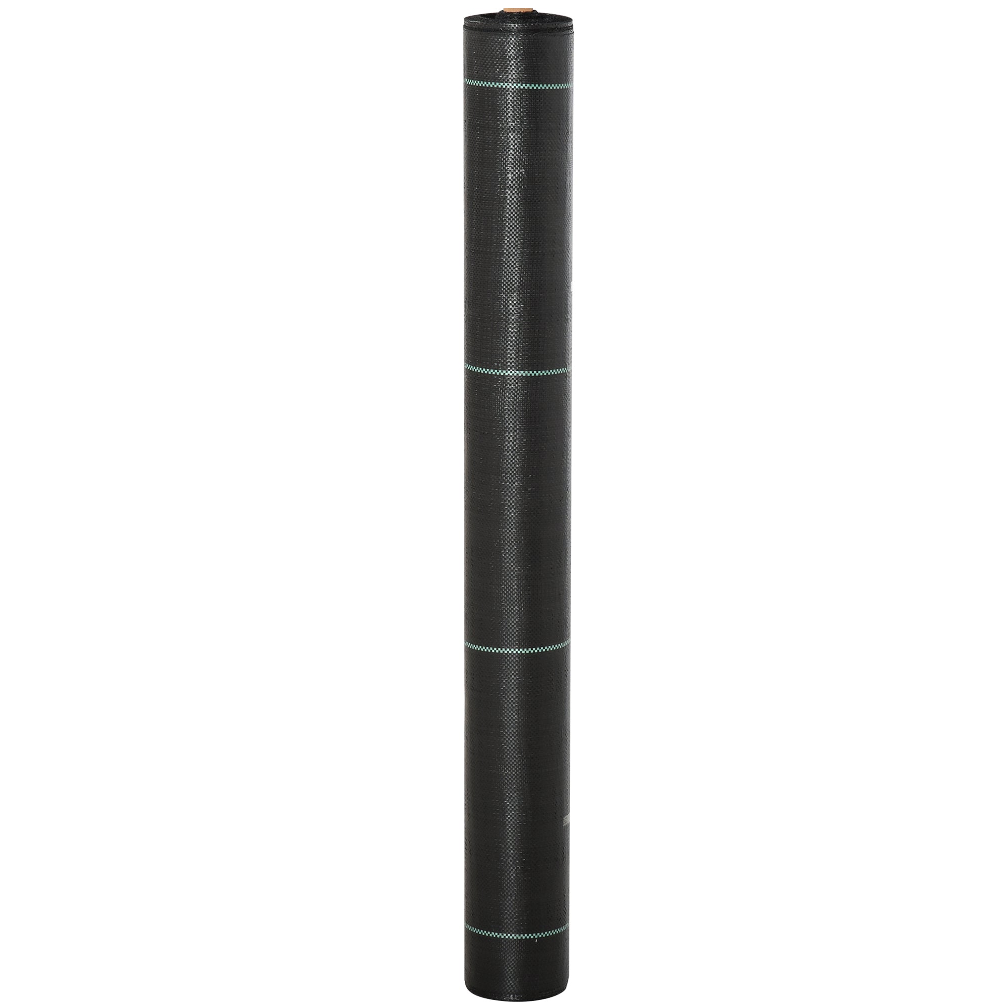Black woven heavy duty weed control fabric roll with light green grid lines for garden and landscaping use