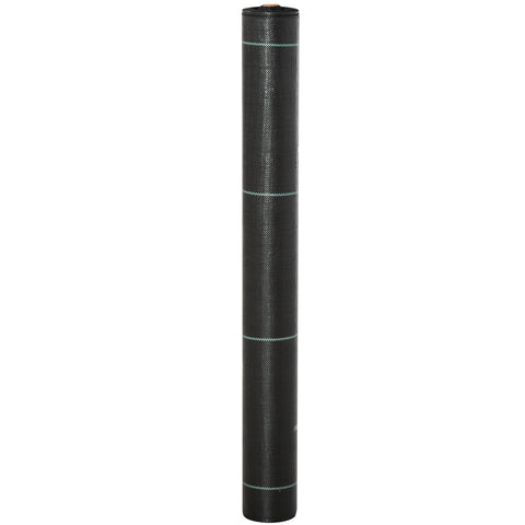 Black woven heavy duty weed control fabric roll with light green grid lines for garden and landscaping use