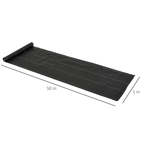 Black heavy duty weed barrier fabric with white stitching for garden weed control and landscaping use