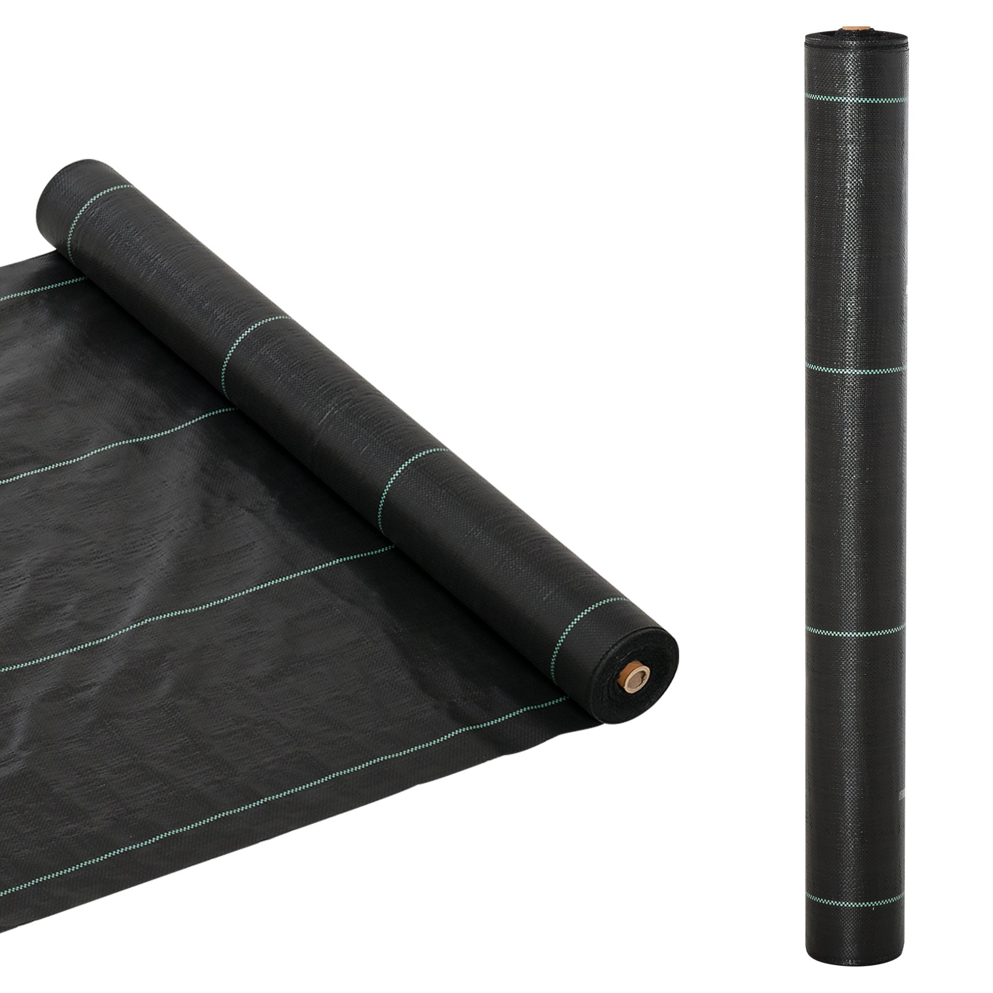 Black woven heavy duty weed control fabric roll with light green stitching for garden and landscaping use
