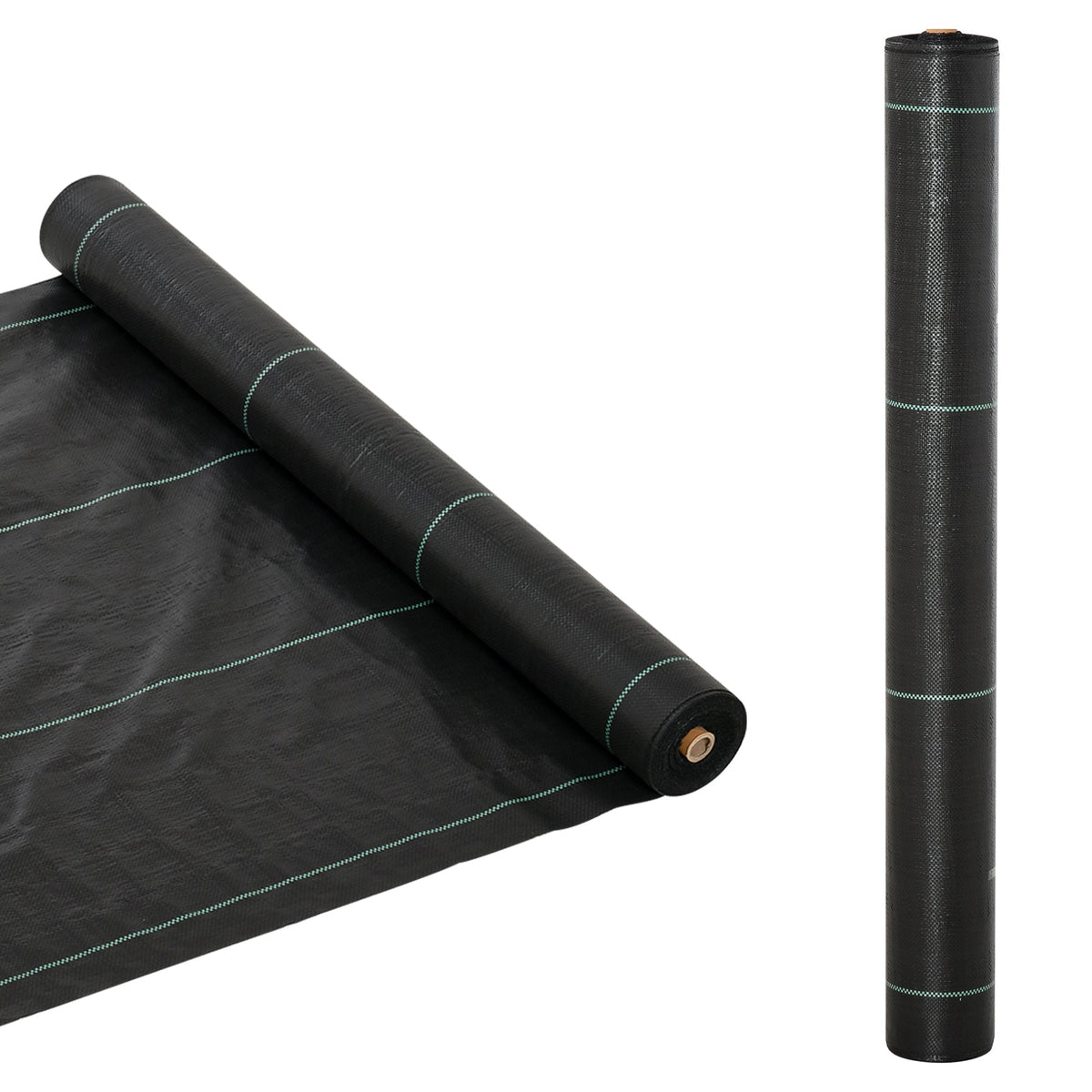 Black woven heavy duty weed control fabric roll with light green stitching for garden and landscaping use