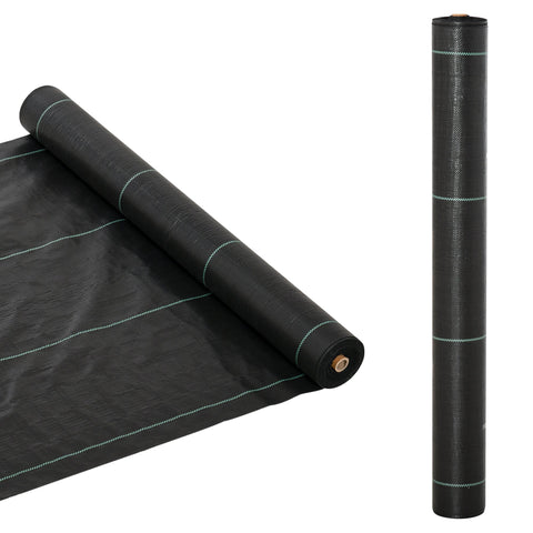 Black woven heavy duty weed control fabric roll with light green stitching for garden and landscaping use