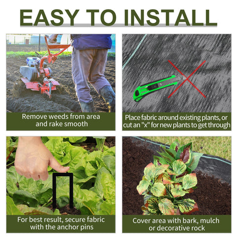Black heavy duty weed barrier fabric with reinforced edges and anchor pin holes for garden weed control use