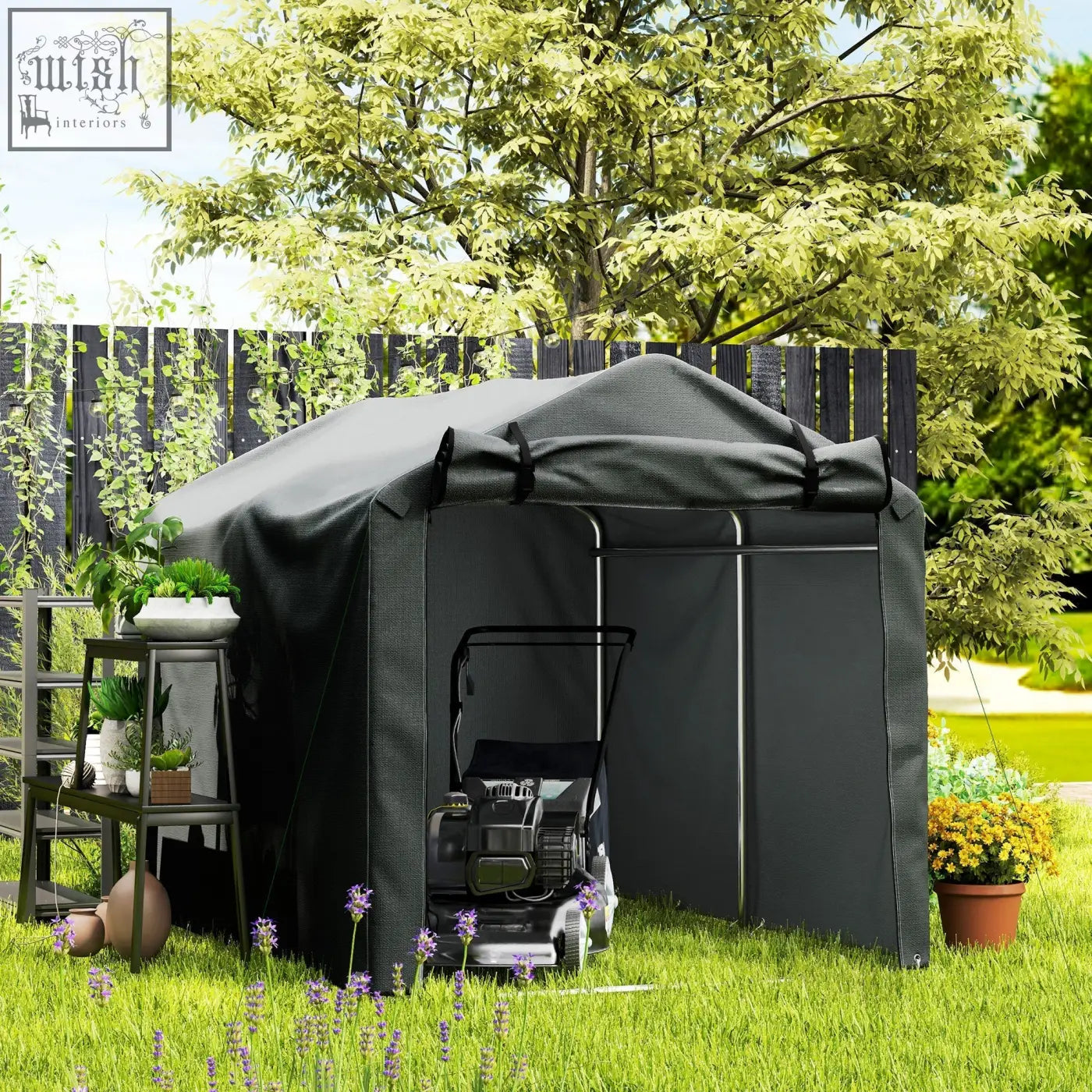 Outsunny dark grey garden storage tent with galvanised metal frame and zipped door housing a lawnmower inside