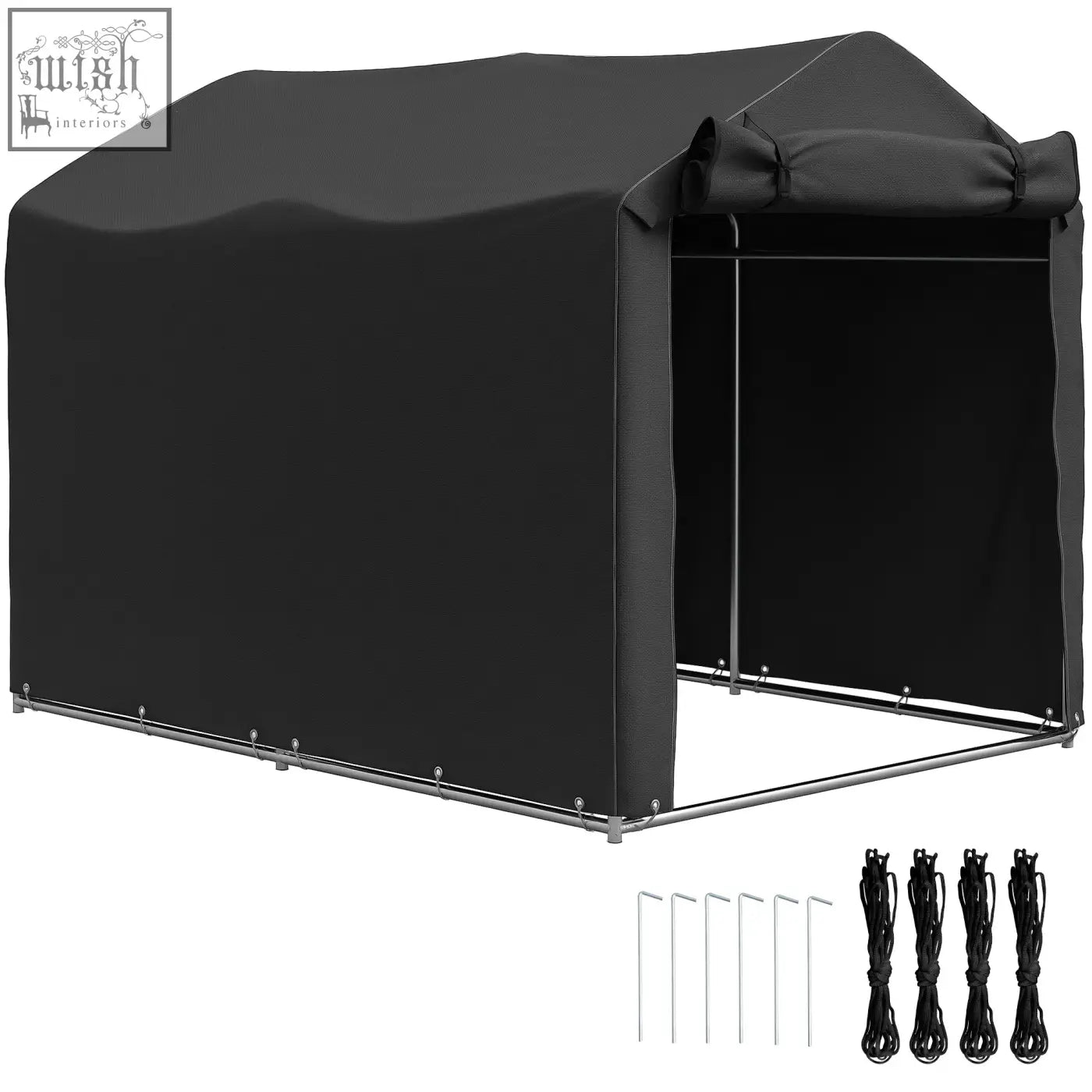 Black garden storage tent with galvanised metal frame zipped door and stakes for bike and tool shelter
