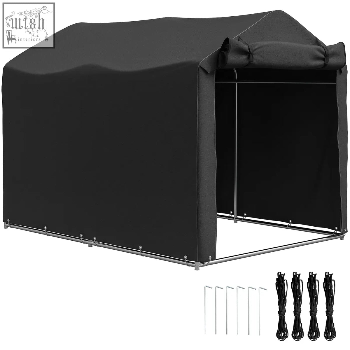 Black garden storage tent with galvanised metal frame zipped door and stakes for bike and tool shelter