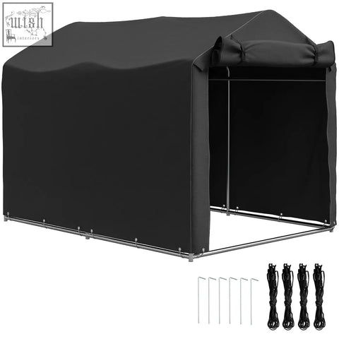 Black garden storage tent with galvanised metal frame zipped door and stakes for bike and tool shelter
