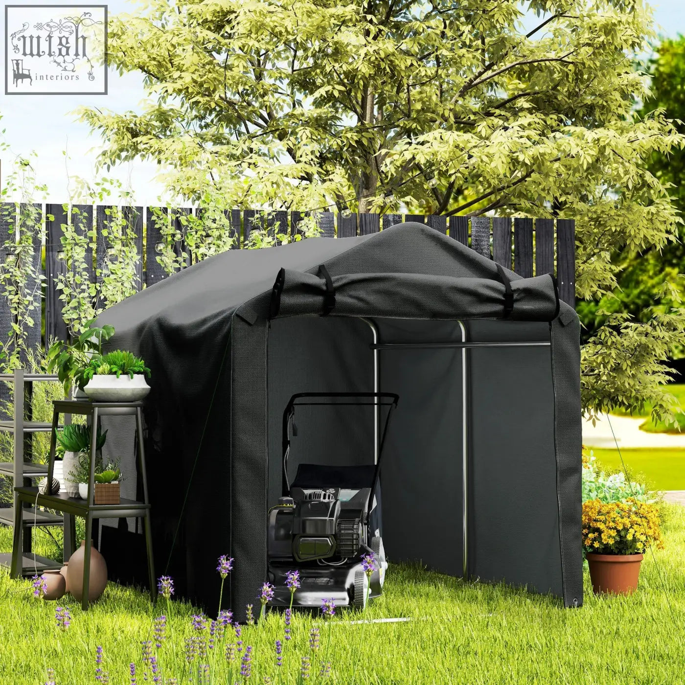 Black outsunny garden storage tent with galvanised metal frame and zipped door housing a lawnmower inside
