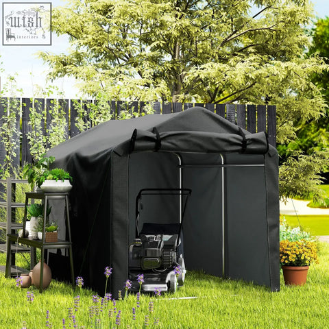 Black outsunny garden storage tent with galvanised metal frame and zipped door housing a lawnmower inside