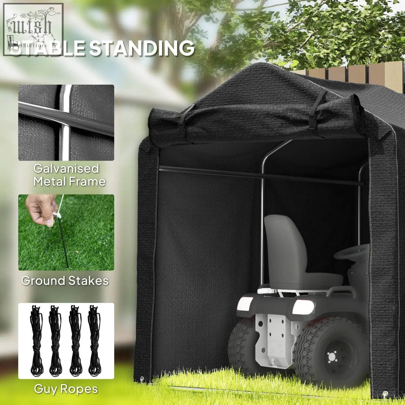 Black garden storage tent with galvanised metal frame and zipped door for outdoor bike and tool shelter