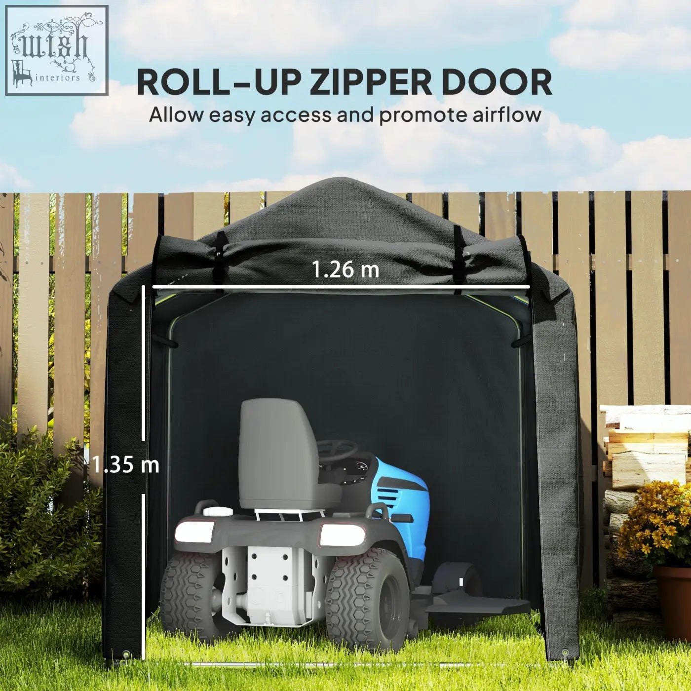 Black garden storage tent with galvanised metal frame and zipped roll-up door showing blue lawn mower inside