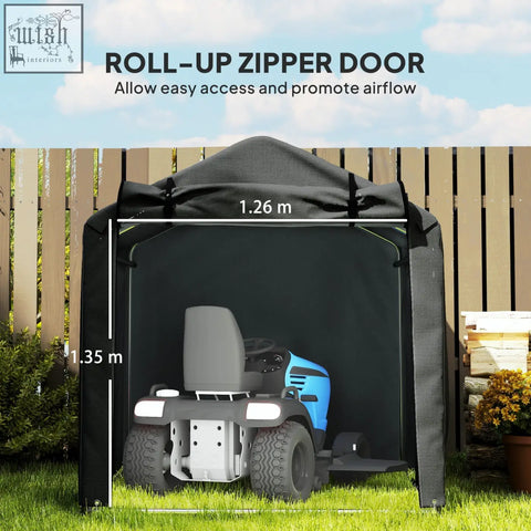 Black garden storage tent with galvanised metal frame and zipped roll-up door showing blue lawn mower inside