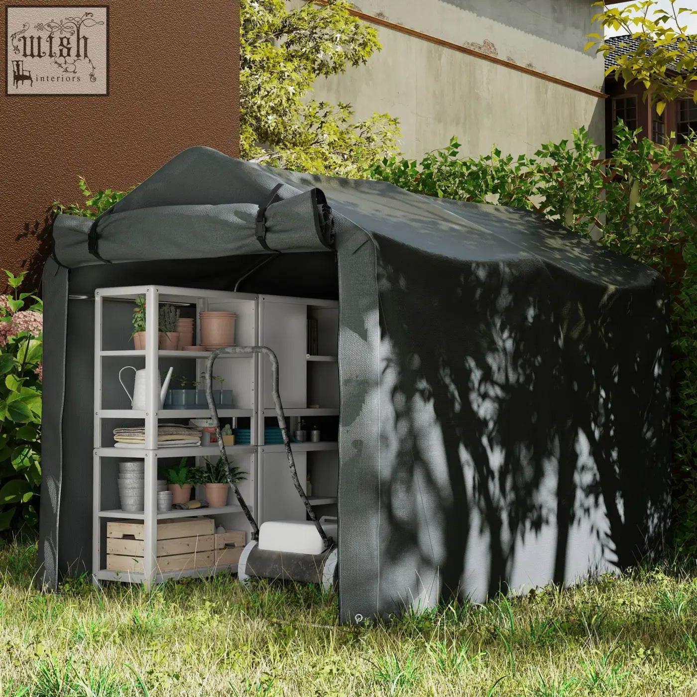 Gray garden storage tent with galvanised metal shelving and a zipped door for bike and tool storage