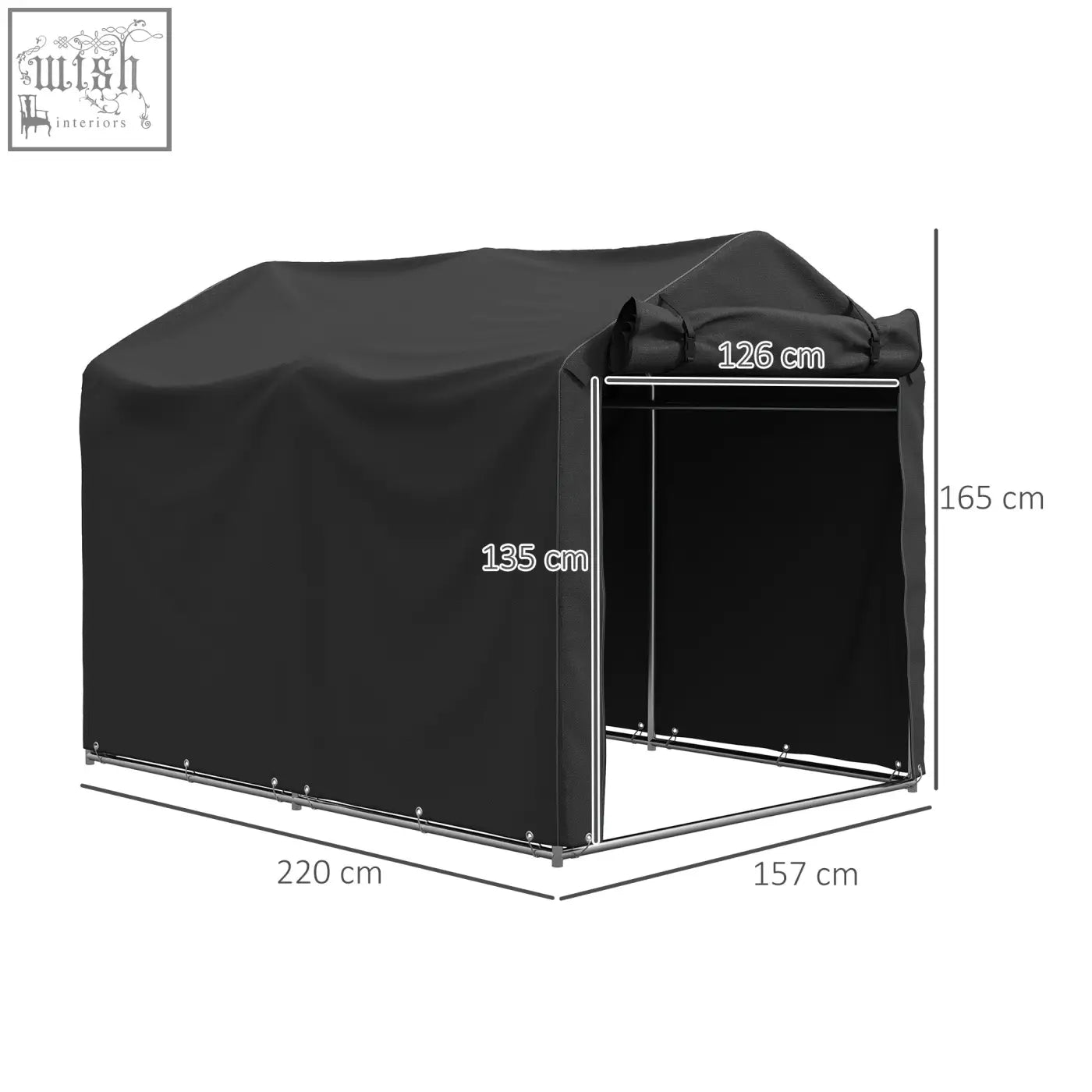 Black garden storage tent with galvanised metal frame and zipped door for bike motorbike and garden tools storage