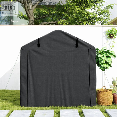 Black fabric garden storage tent cover with reinforced straps and textured surface for galvanised metal frame with zipped door