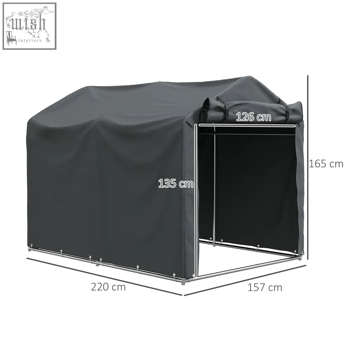 Black fabric garden storage tent with galvanised metal frame and zipped door for bikes and garden tools