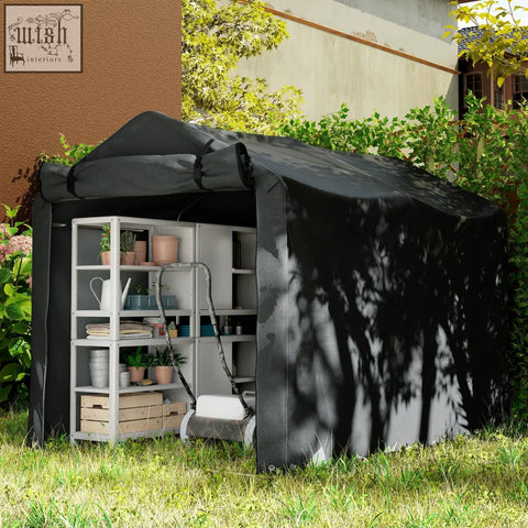 Black outsunny garden storage tent with galvanised metal shelving units and zipped door for bikes and tools