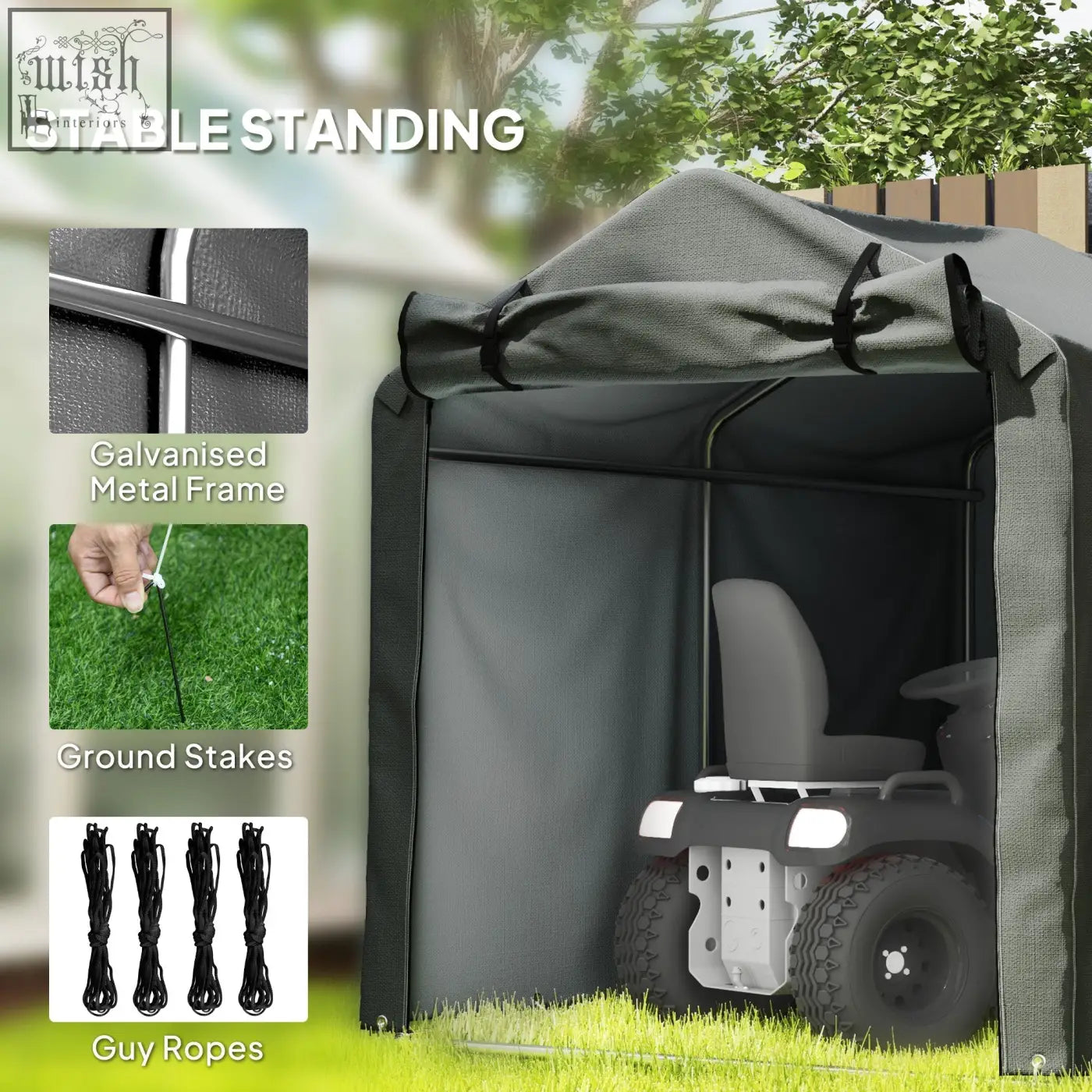 Black garden storage tent with galvanised metal frame, zipped door, and ground stakes for stable outdoor use