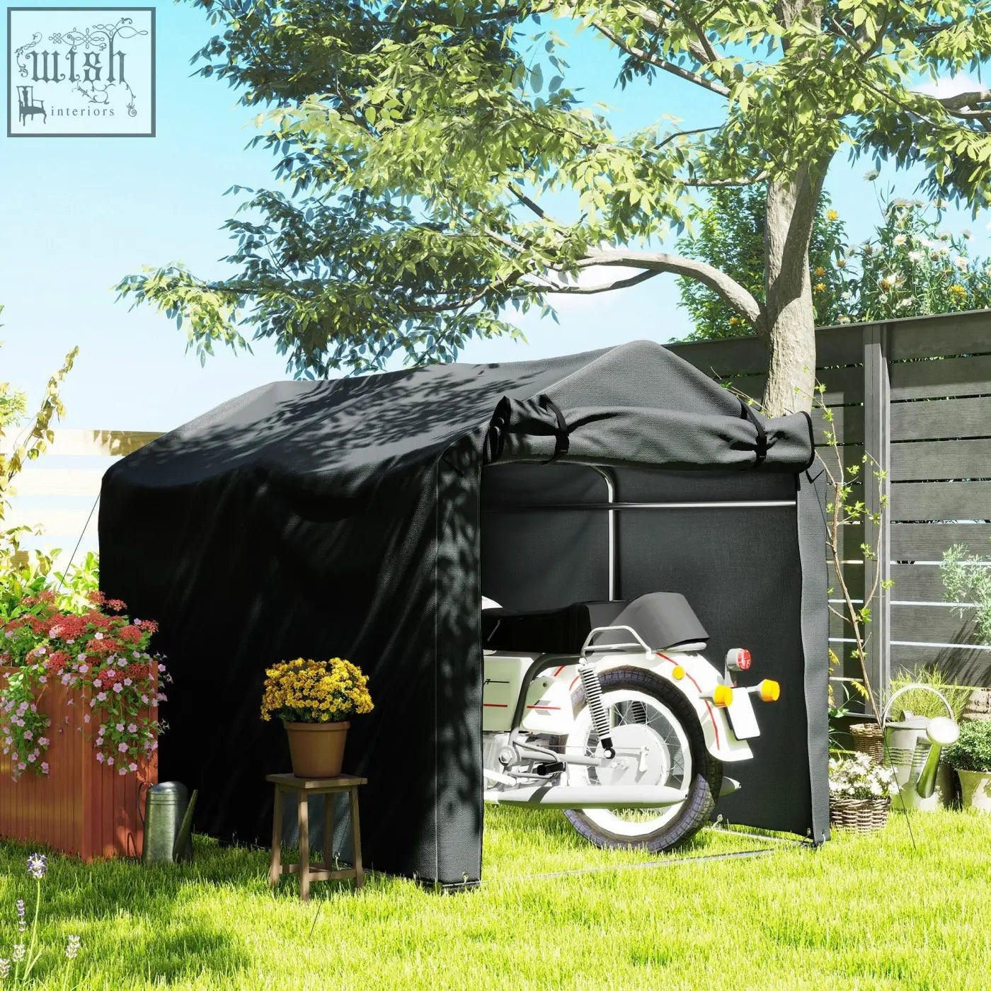 Black fabric garden storage tent with galvanized metal frame and zipped door partially showing white motorcycle inside