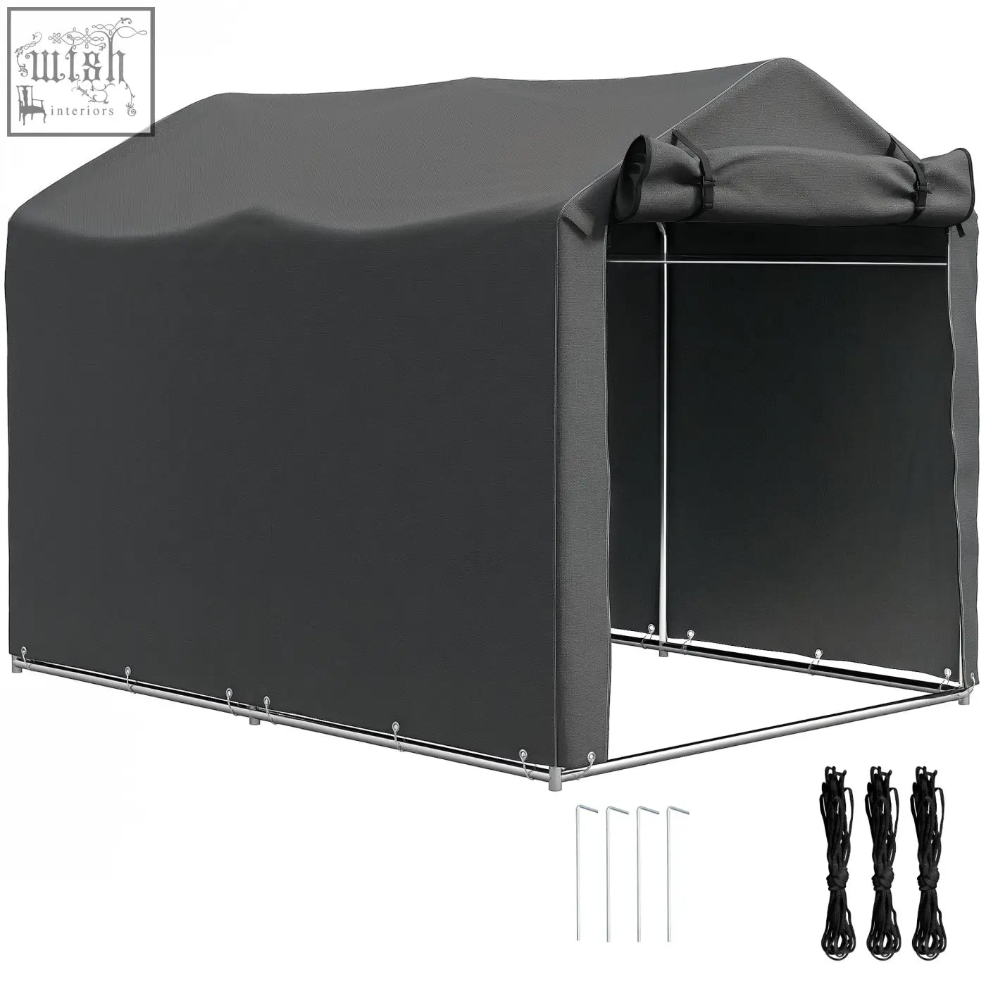 Dark gray garden storage tent with galvanised metal frame and zipped door for bike and tool storage outdoors