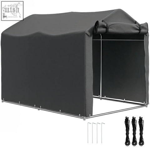 Dark gray garden storage tent with galvanised metal frame and zipped door for bike and tool storage outdoors