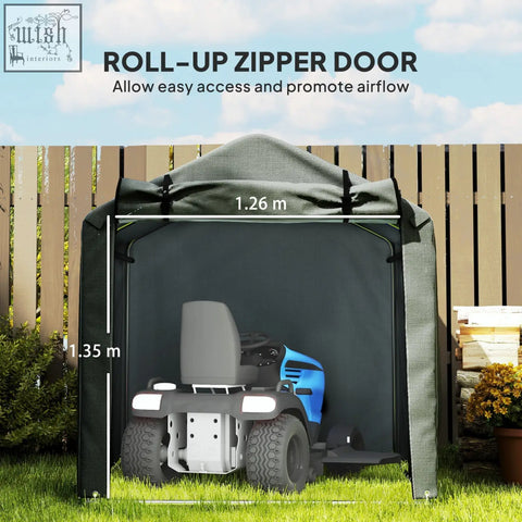 Gray roll-up zipped door garden storage tent with black galvanised metal frame and green trim for lawn mower access